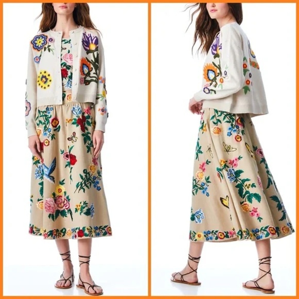Alice + Olivia Beige Embroidered Floral Button Cardigan / Size M - Picture 9 of 16